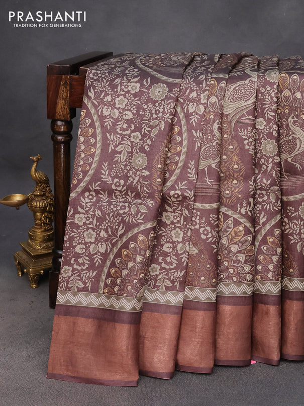 Pure tussar silk saree brown with allover prints and zari woven border