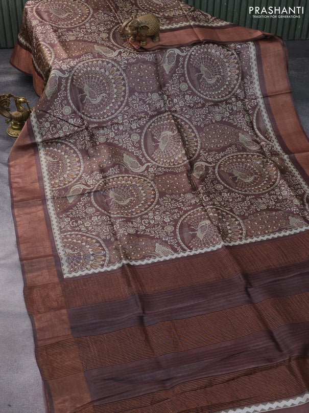 Pure tussar silk saree brown with allover prints and zari woven border