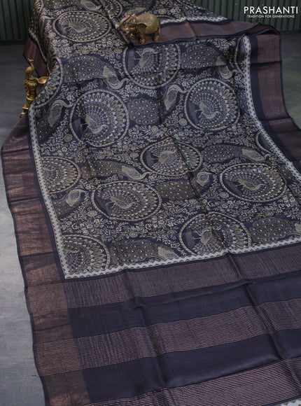 Pure tussar silk saree maroon with allover prints and zari woven border