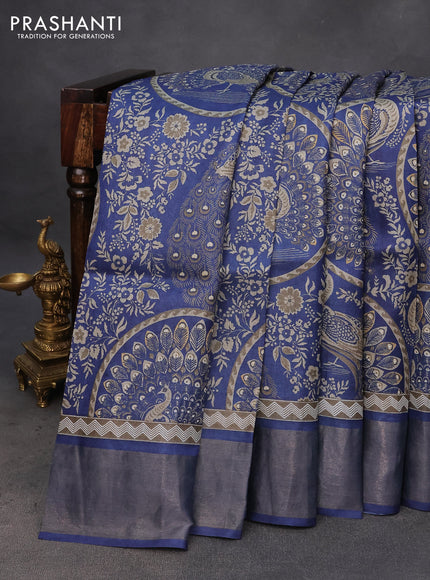 Pure tussar silk saree blue with allover prints and zari woven border