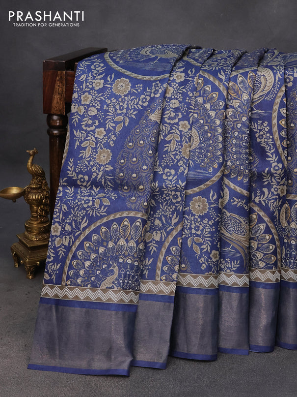 Pure tussar silk saree blue with allover prints and zari woven border