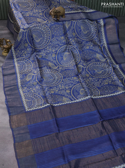 Pure tussar silk saree blue with allover prints and zari woven border