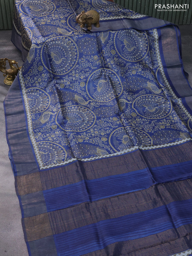 Pure tussar silk saree blue with allover prints and zari woven border