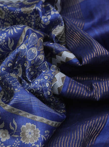 Pure tussar silk saree blue with allover prints and zari woven border