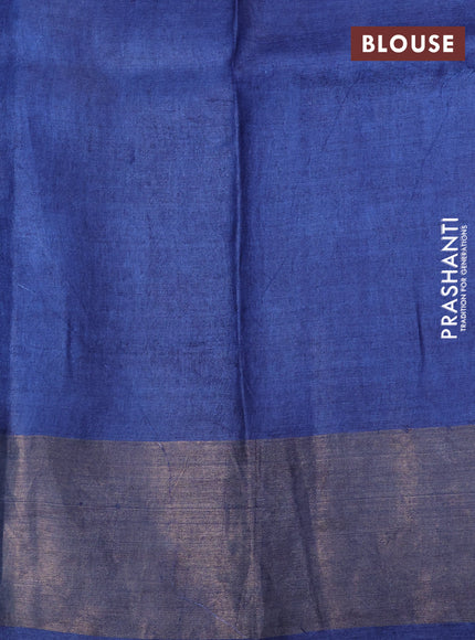 Pure tussar silk saree blue with allover prints and zari woven border