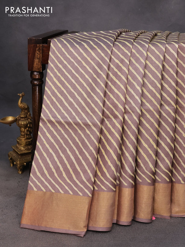 Pure tussar silk saree brown with allover leheriya prints and zari woven border