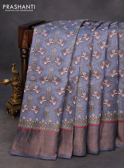 Pure tussar silk saree grey with allover elephant prints and zari woven border