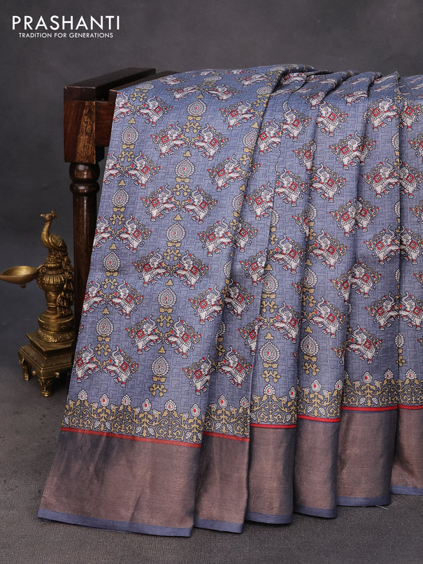 Pure tussar silk saree grey with allover elephant prints and zari woven border