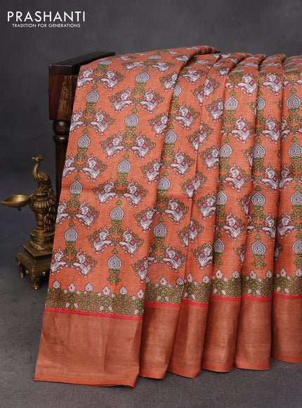 Pure tussar silk saree orange with allover elephant prints and zari woven border