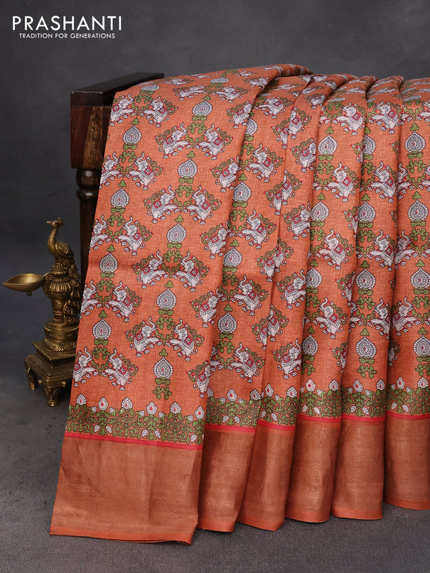 Pure tussar silk saree orange with allover elephant prints and zari woven border