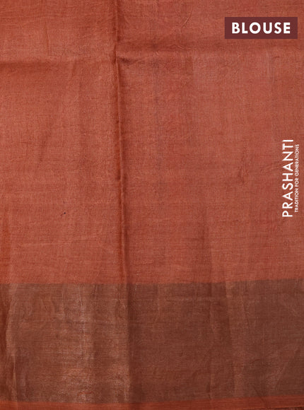 Pure tussar silk saree orange with allover elephant prints and zari woven border