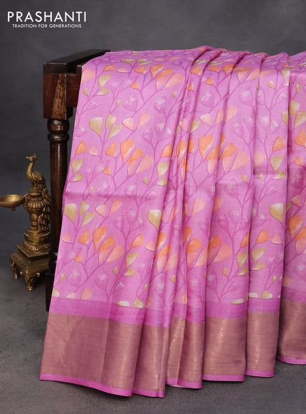 Pure tussar silk saree purple with allover prints and zari woven border