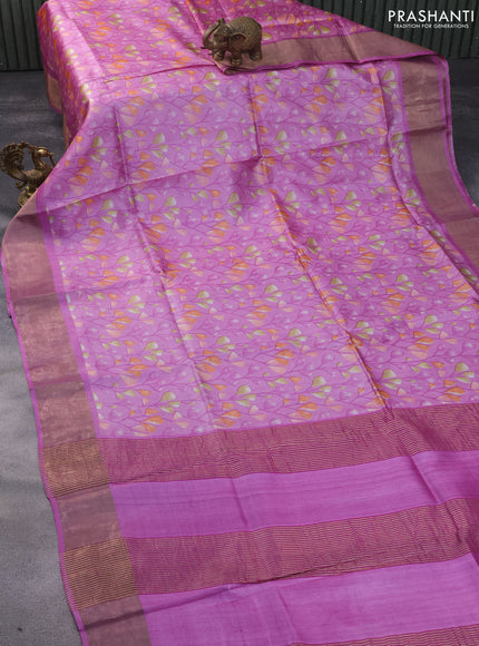 Pure tussar silk saree purple with allover prints and zari woven border