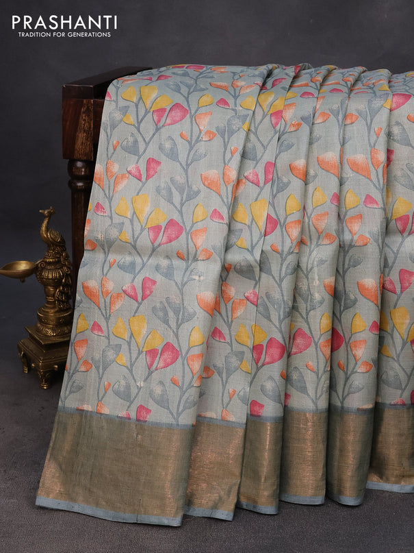 Pure tussar silk saree grey shade with allover prints and zari woven border