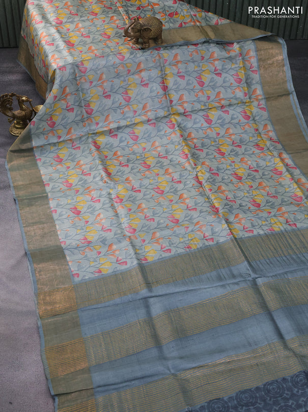 Pure tussar silk saree grey shade with allover prints and zari woven border