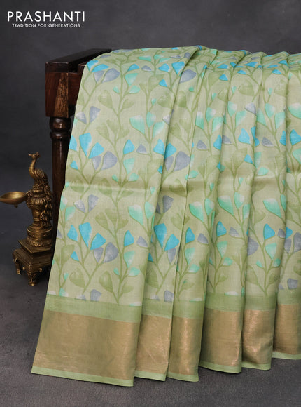 Pure tussar silk saree grey shade with allover prints and zari woven border