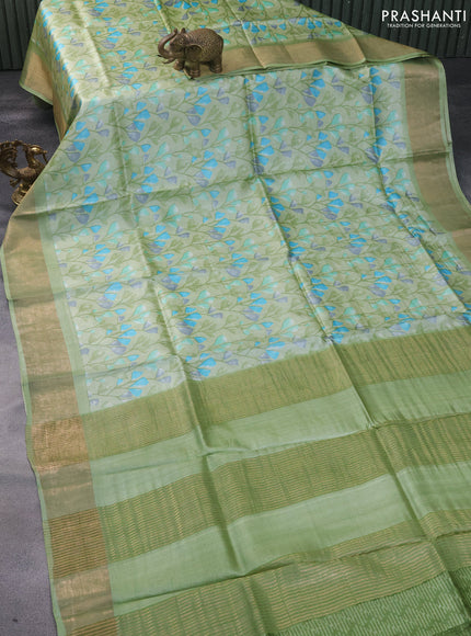 Pure tussar silk saree grey shade with allover prints and zari woven border