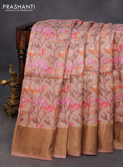 Pure tussar silk saree pastel brown with allover prints and zari woven border