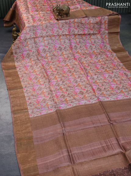 Pure tussar silk saree pastel brown with allover prints and zari woven border