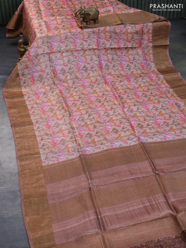 Pure tussar silk saree pastel brown with allover prints and zari woven border