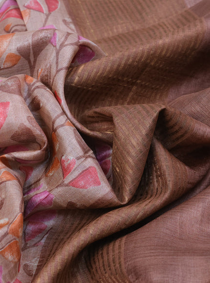 Pure tussar silk saree pastel brown with allover prints and zari woven border