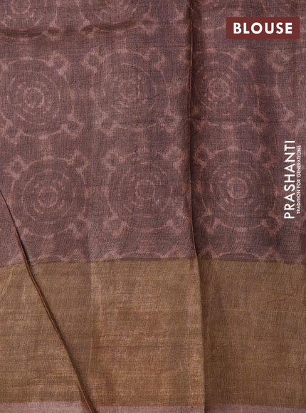 Pure tussar silk saree pastel brown with allover prints and zari woven border