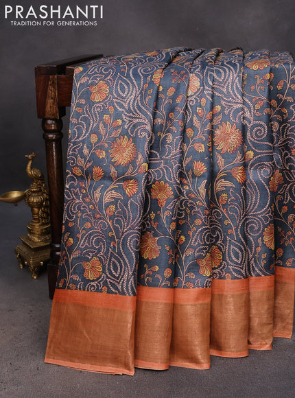 Pure tussar silk saree elephant grey and orange with allover prints and zari woven border