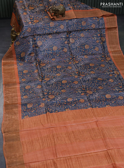 Pure tussar silk saree elephant grey and orange with allover prints and zari woven border