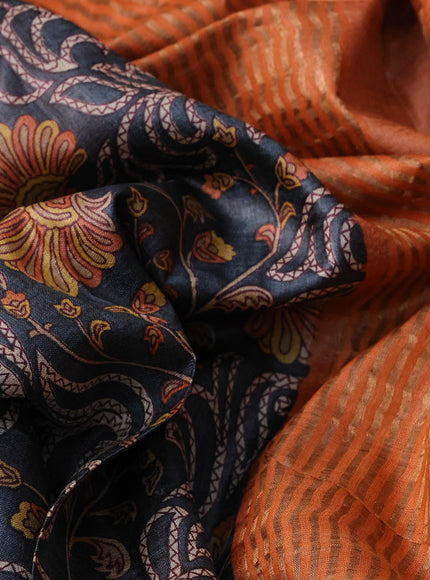 Pure tussar silk saree elephant grey and orange with allover prints and zari woven border