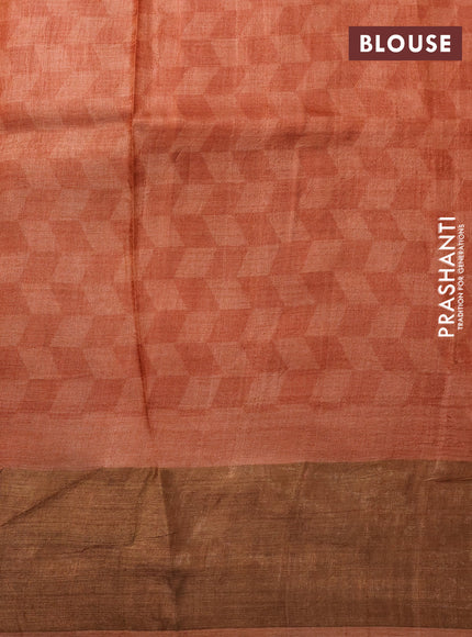 Pure tussar silk saree elephant grey and orange with allover prints and zari woven border