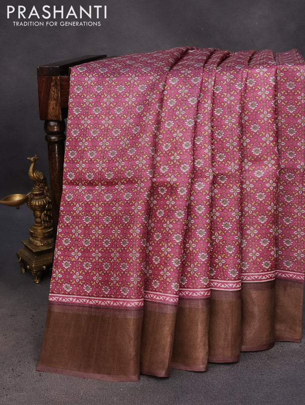 Pure tussar silk saree pink and brown with allover prints and zari woven border