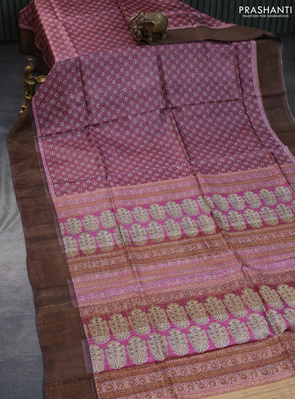 Pure tussar silk saree pink and brown with allover prints and zari woven border