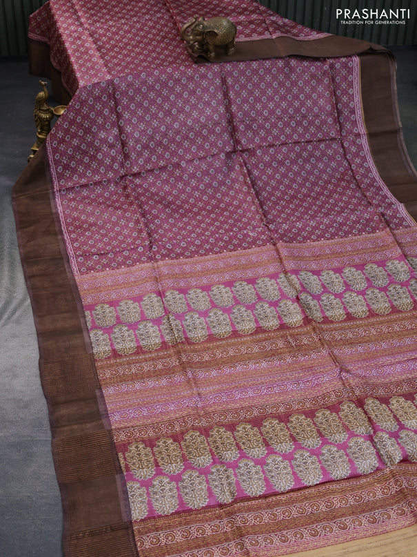 Pure tussar silk saree pink and brown with allover prints and zari woven border