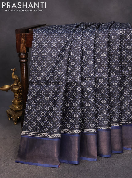 Pure tussar silk saree black and blue with allover prints and zari woven border