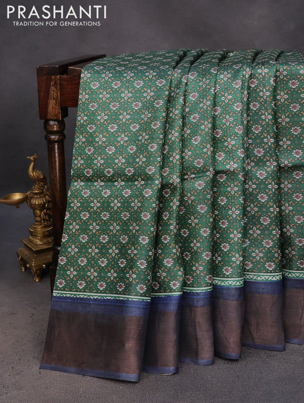 Pure tussar silk saree green and blue with allover prints and zari woven border