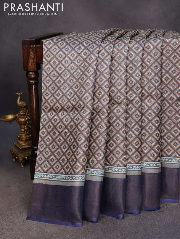 Pure tussar silk saree grey and blue with allover geometric prints and zari woven border