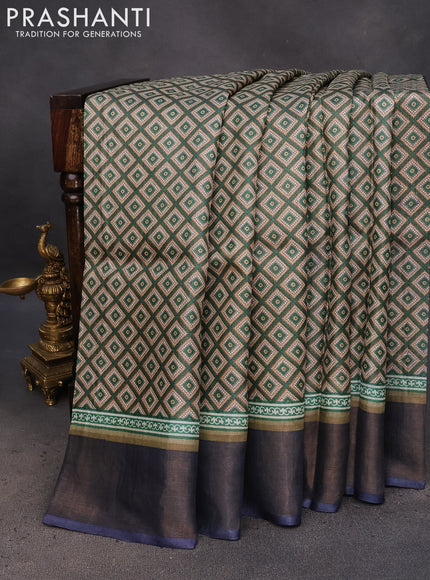 Pure tussar silk saree green and blue with allover geometric prints and zari woven border