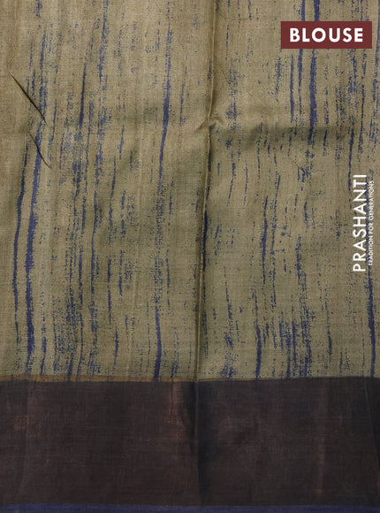 Pure tussar silk saree green and blue with allover geometric prints and zari woven border