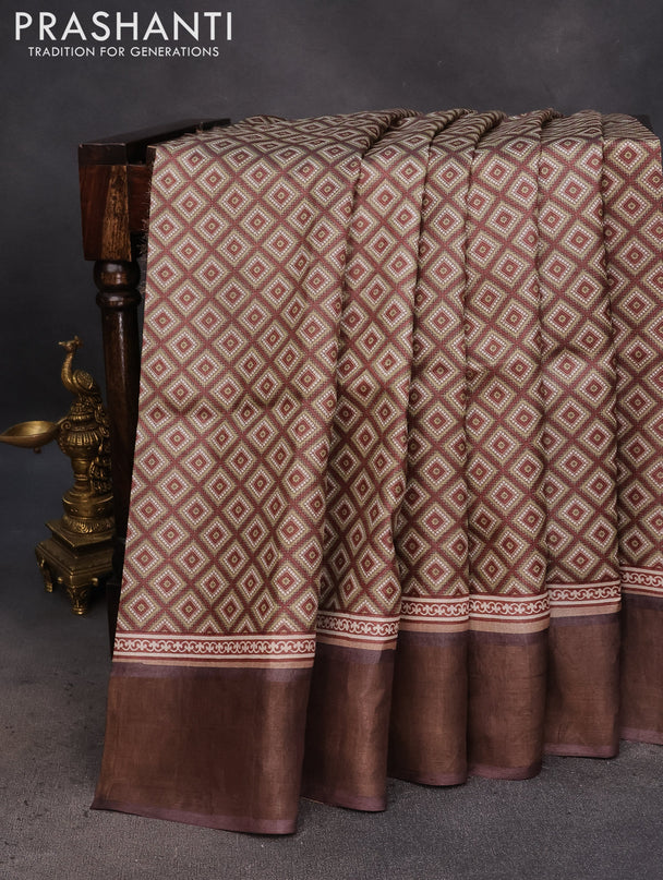 Pure tussar silk saree beige and brown with allover geometric prints and zari woven border