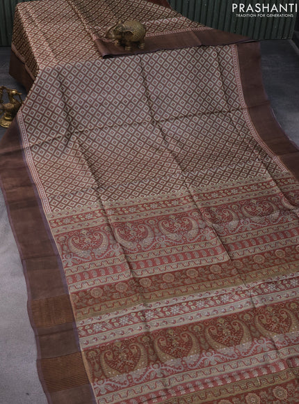 Pure tussar silk saree beige and brown with allover geometric prints and zari woven border