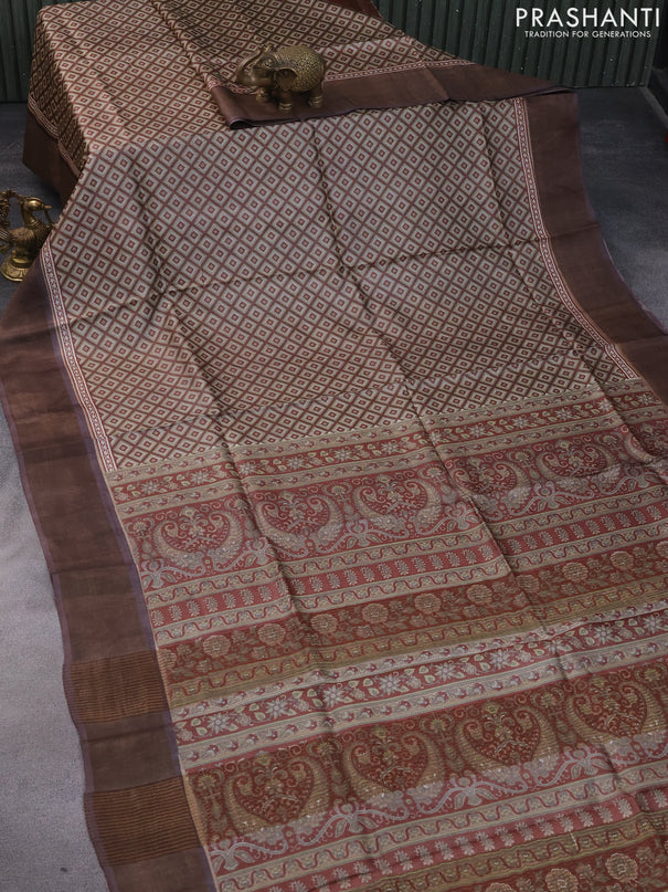 Pure tussar silk saree beige and brown with allover geometric prints and zari woven border