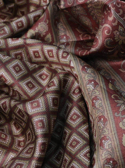 Pure tussar silk saree beige and brown with allover geometric prints and zari woven border