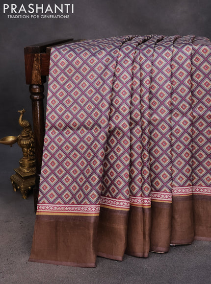 Pure tussar silk saree grey and brown with allover geometric prints and zari woven border