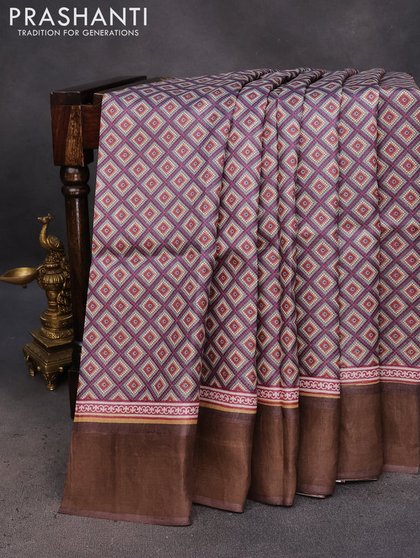 Pure tussar silk saree grey and brown with allover geometric prints and zari woven border