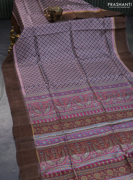 Pure tussar silk saree grey and brown with allover geometric prints and zari woven border