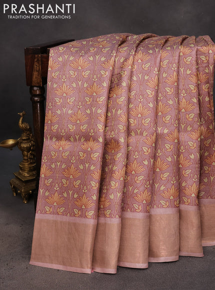 Pure tussar silk saree pastel brown with allover floral prints and zari woven border