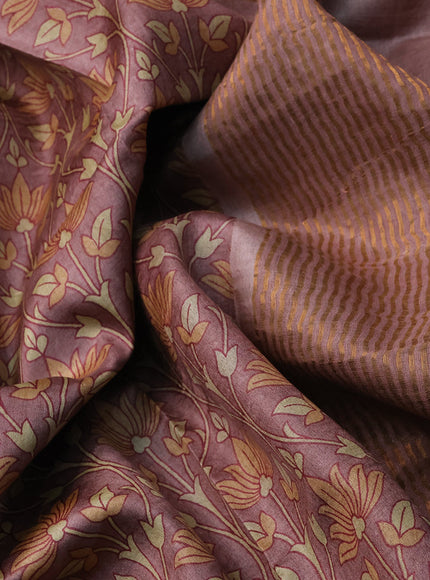 Pure tussar silk saree pastel brown with allover floral prints and zari woven border