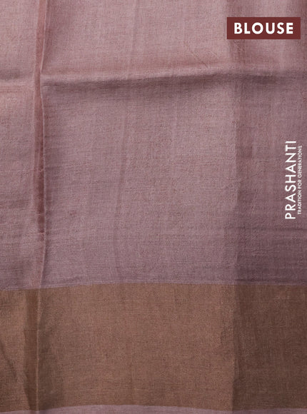 Pure tussar silk saree pastel brown with allover floral prints and zari woven border