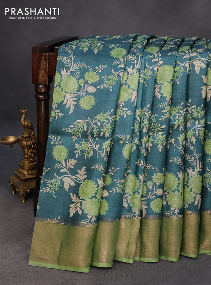 Pure tussar silk saree teal green and light green with allover floral prints and zari woven border