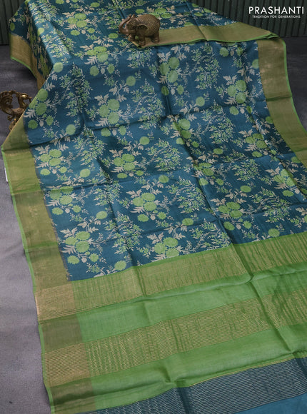 Pure tussar silk saree teal green and light green with allover floral prints and zari woven border